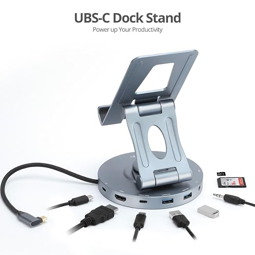 SIIG USB-C Hub Stand - iPhone 15 / iPad mini/Tablet Stand Docking Station Rotatable Base/Foldable Holder 4K 60Hz HDMI USB-A &amp USB-C 5Gbps PD 88W 3.5mm Audio/Mic SD/TF for iPad/Surface Pro 9