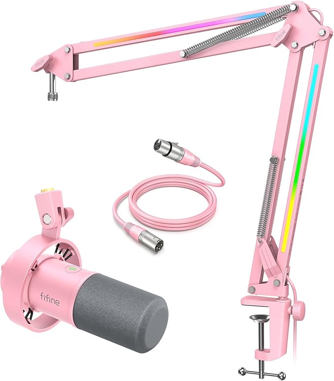 FIFINE Dynamic Microphone RGB Mic Arm &amp XLR Cable Set Studio Podcast Mic with Mute Adjustable Desk Mic Stand with 3/8-5/8 Adapter 5.9ft XLR Cable and for Streaming Recording-（K688P+BM38P+L9