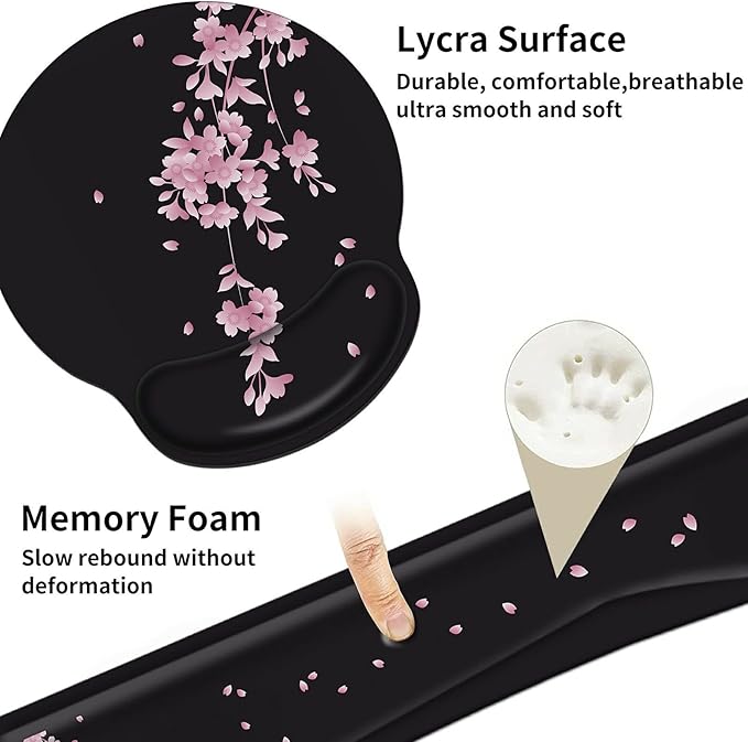 Wrist Rests for Keyboard and Mouse Support Gel Pad + Screen Cleaning Pad + Coaster Cloth Wipes for Laptop/Computer Screen Ergonomic Memory Foam Mousepad for Gaming/Work Cherry Blossoms