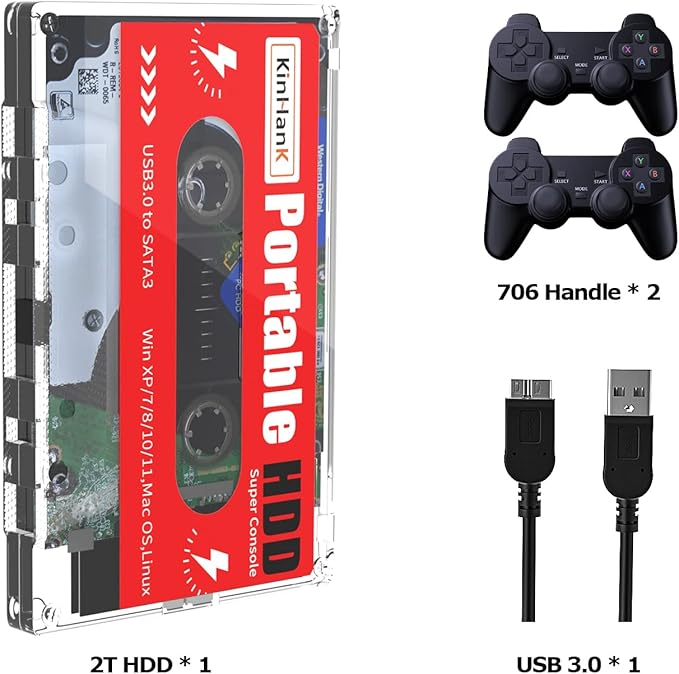Kinhank 2T HDD Portable External Game Hard Drive Built-in 120000+ Games Batocera 33 System Compatible with 70+ Classic Emulators Support for Windows/Laptop/PC/Mac 2 Wireless Controllers