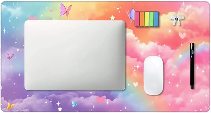 Rainbow and Clouds with Butterflies Desk Cover MatExtended Large Mouse PadComputer Laptop Mat Desk Decor for Office Game Home 30x16 Inch