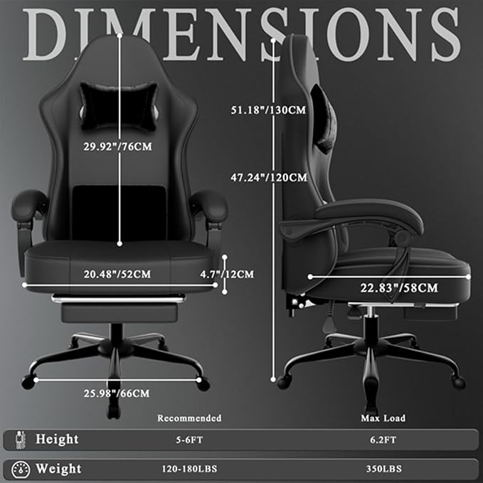 Gaming Chair Ergonomic Office Chair with Linkage Armrests High Back Computer Desk Chair with Retractable Footrest &amp Adjustable Headrest 350 lbs Capacity (Black)
