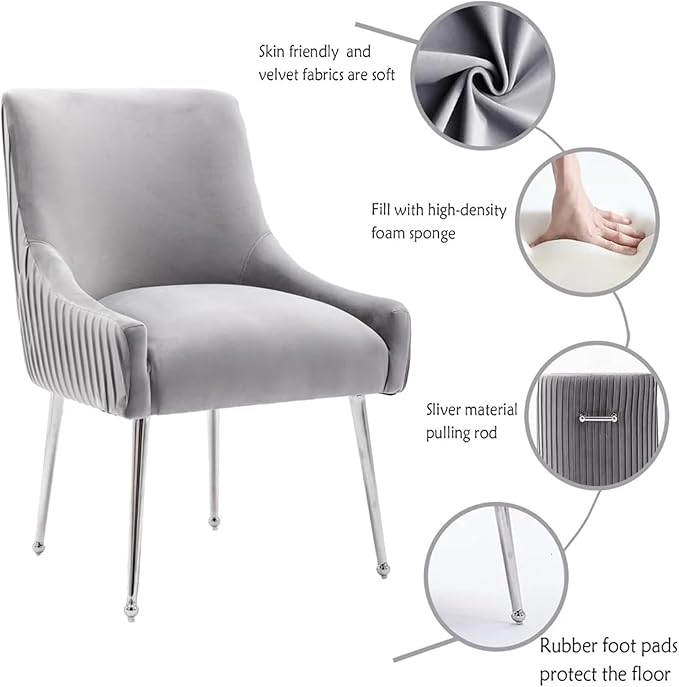 Adjustable Office Computer Chair with Armrest 1pcs Velvet Upholstered Dining Chair with with Backrest Pulling Rod and Silver Legs