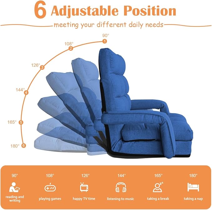 WAYTRIM 6 Position Indoor Chaise Lounge Chair Gaming Floor Chair for Teens Adults Indoor Lounge Chair Lazy Sofa for Pets with Armrests &amp Pillow Comfy Chair for Bedroom Dorm Living Room - Navy