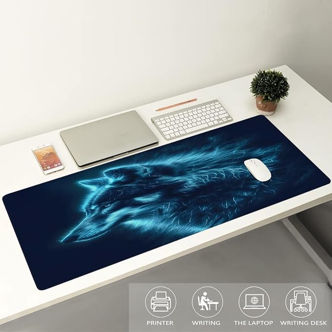 Blue Flame Animal Wolf Large Mouse Pad Gaming Mousepad Desk Mat for Desktop Computer Keyboard Waterproof Mouse Mat Desk Pad with Non-Slip Base for Game School Office Home 35.4 x 15.7