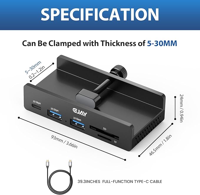 Ejay 7-in-1 USB C Hub with Clamp Mount 4K@60Hz HDMI for MacBook Pro 100W PD Charging 10Gbps USB 3.2 Hub for SD/TF Card Reader Aluminum Hub for XPS iPad Pro Windows Black