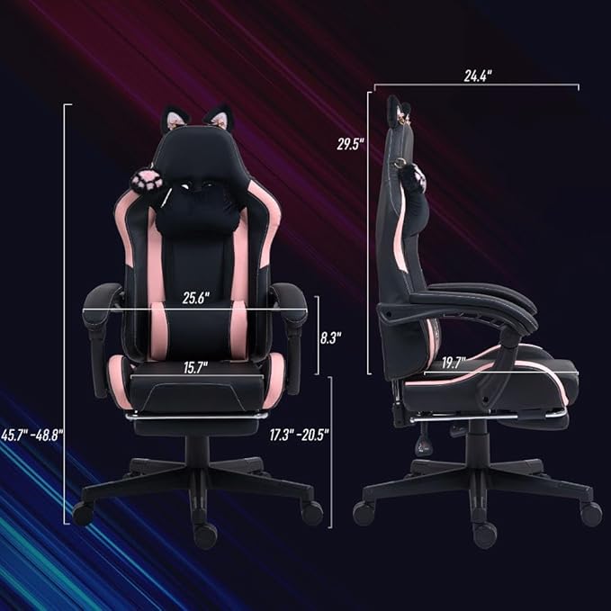Pink Gaming Chair with Cute Cat Ears Comfy Ergonomic Computer Chair with Footrest and Headrest Video Game Chairs for Girls Adult Teen Height Adjustable Lumbar Support (Pink Black)
