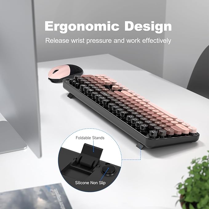 Wireless Keyboard and Mouse Combo MOWUX Full Size Typewriter Retro Round Computer Keyboard Cute Optical Mouse Wireless Plug and Play for Laptop PC Computer- BlackBerry Gradient