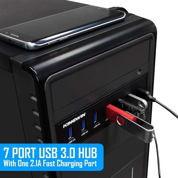Kingwin Front Panel USB 3.0 Hub 7 Port &amp One Fast Charging USB 2.1A Charging Port