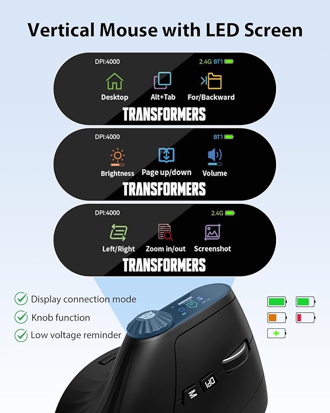Transformers Vertical Ergonomic Mouse with LED Screen &amp Knob Control Rechargeable Vertical Mouse Wireless 3-Device Connectivity (2.4G + Dual Bluetooth) Quiet Clicks Computer Mice for PC/Mac/La