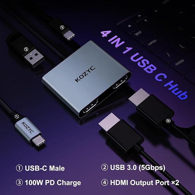 USB C to Dual HDMI Adapter 4K@30Hz KOZYC USB C Hub Multiport Adapter with 2xHDMI USB 3.0 100W PD Support USB C to HDMI Splitter Extended Display for MacBook Pro (MST is not Supported on MacOS)
