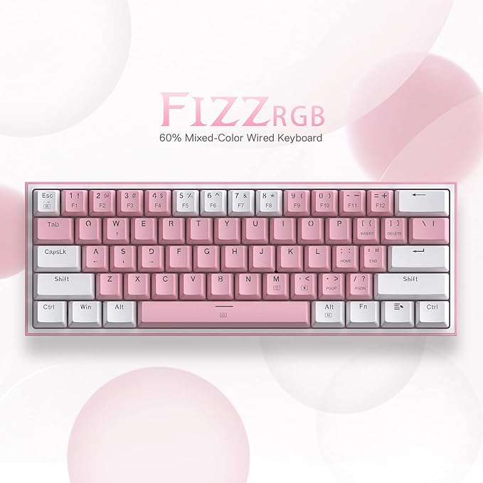 Redragon K617 Fizz 60% Wired RGB Gaming Keyboard 61 Keys Hot-Swap Compact Mechanical Keyboard w/White and Pink Color Keycaps Linear Red Switch Pro Driver/Software Supported