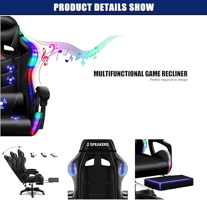 TBQATNTS Gaming Chair Gaming Chair with 7-Point Massage Function Computer Chair with Speakers and RGB Lights Ergonomic Racing Chair Gaming Chair for Adults with Headrest and Lumbar Pillow.White