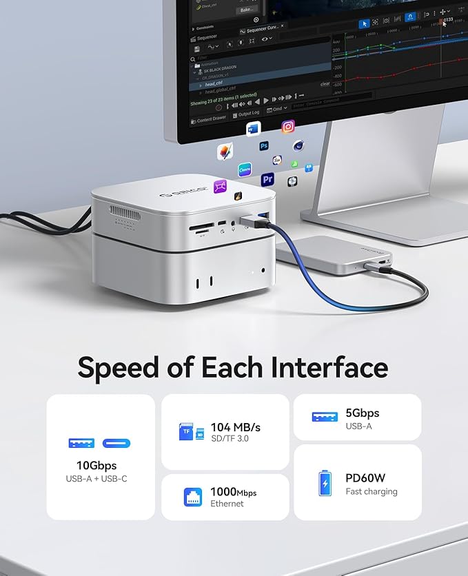 ORICO MiniRaid 10-in-1 Docking Station with Dual-Bay M.2 NVMe/SATA SSD Enclosure for Mac mini M4 Pro Raid 0/1/PM USB C HUB with HDMI 4K@60Hz 10Gbps PD60W SD/TF Slot RJ45 for Creator-MR10 Pro