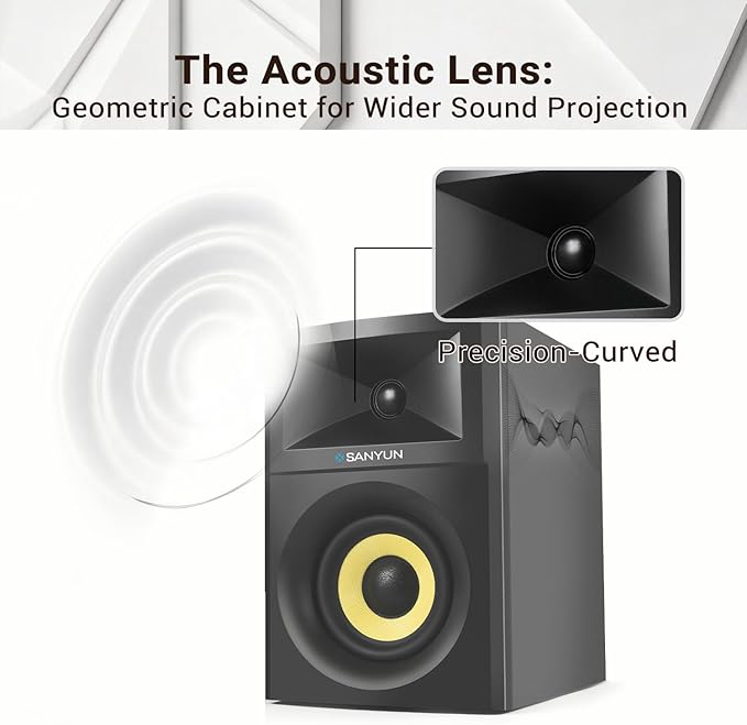 Sanyun SW205 80W Powered Bookshelf Speakers with 3D Soundstage | Precision DSP Spatial Audio &amp Geometric Cabinet | 4 Glass Fiber Woofer Optical/Bluetooth 5.4/AUX Wireless Remote (Pair Black)