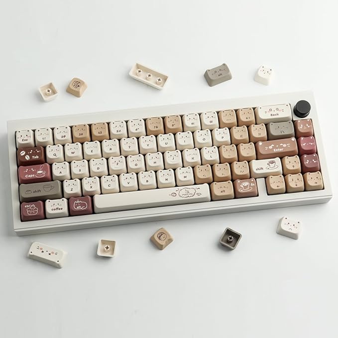 PBT Keycaps 142 Keys Cute Keycaps Dye-Sublimation Coffee Cat Keycap Mao Profile Custom Keycap for Cherry Gateron MX Swithes Mechanical Gaming Keyboards