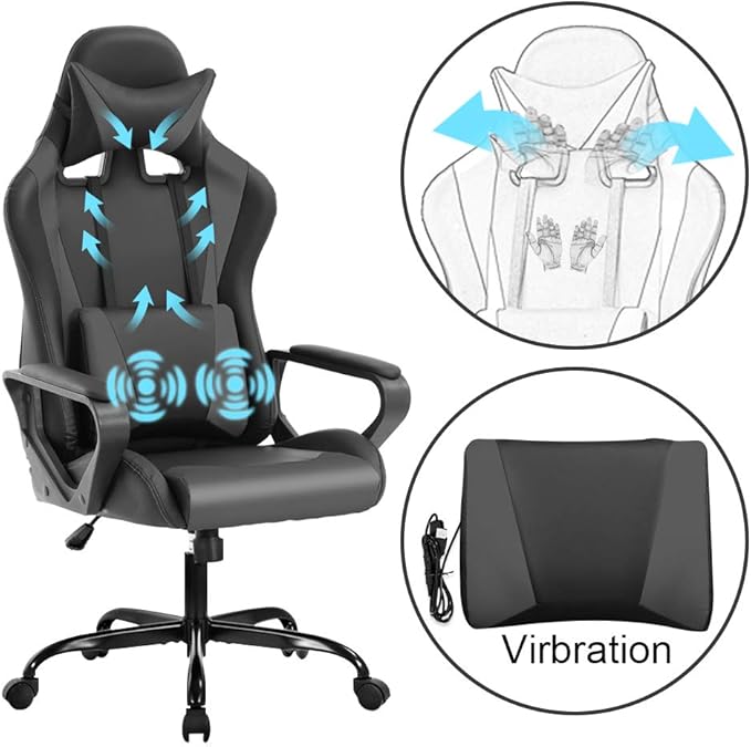 Racing Style Gaming Chair - High Back Ergonomic Executive Chair with Headrest Massage &amp Lumbar Support Grey