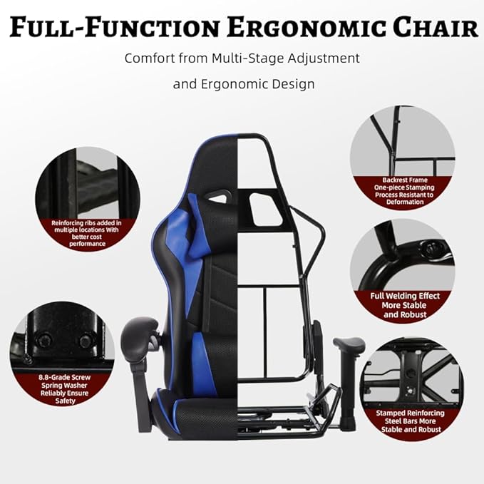 DEEPfurniture E-Sports Gaming Chair Sports Car Driving Seat PU Material Moulded Sponge Comfortable and Safe with MassageBlue