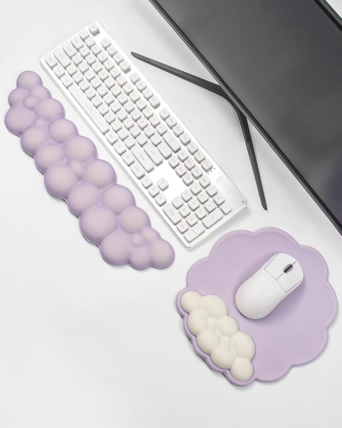 Memory Foam Keyboard Wrist Rest &amp Mouse Pad Set - Ergonomic Support for Laptop Mac &amp PC Cute Purple Cloud Design Non-Slip Base for Typing Gaming Pain Relief Comfortable Office Desk Must-