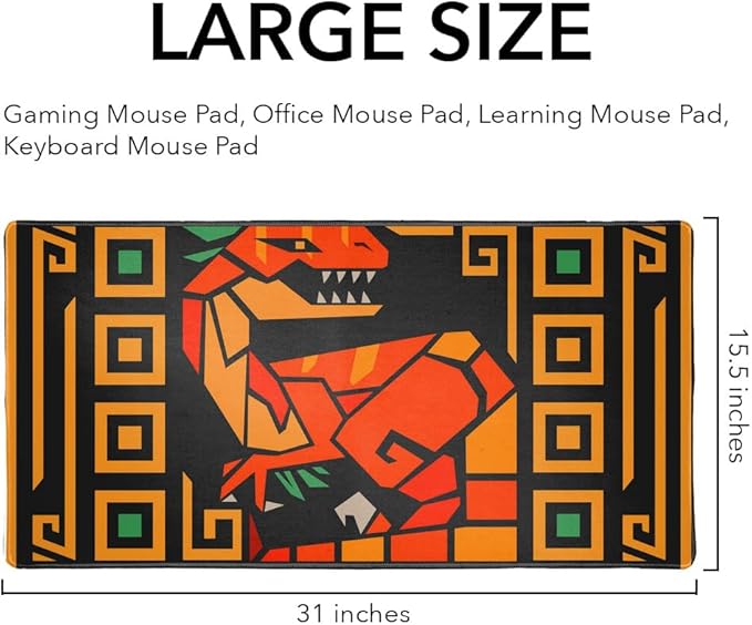 Geometric Velociraptor Raptor Dinosaur Aztec Mayan Style Large Gaming Mouse Pad Desk Mat with Stitched Edges Non-Slip Base