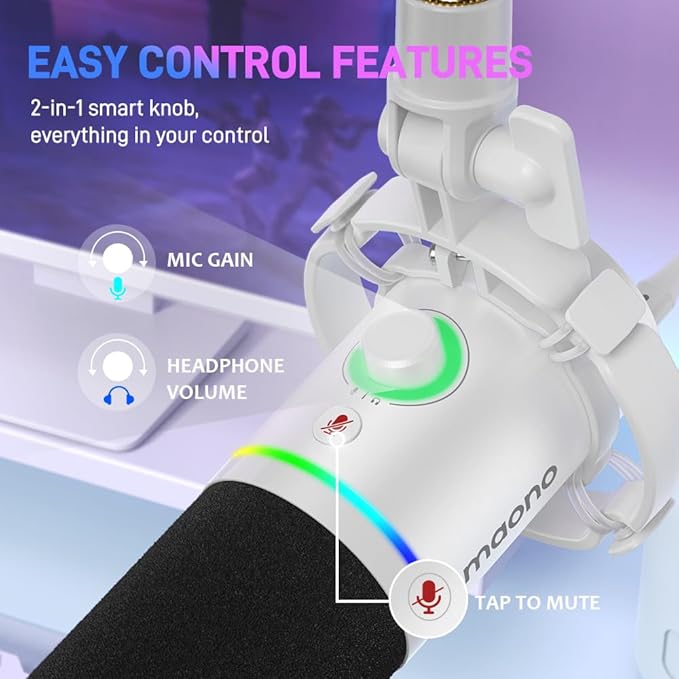 MAONO XLR/USB Dynamic Microphone RGB Gaming Mic with Software Mute Gain Knob Volume Control and Headphone Jack for Streaming Podcasting Recording-PD200X (White)