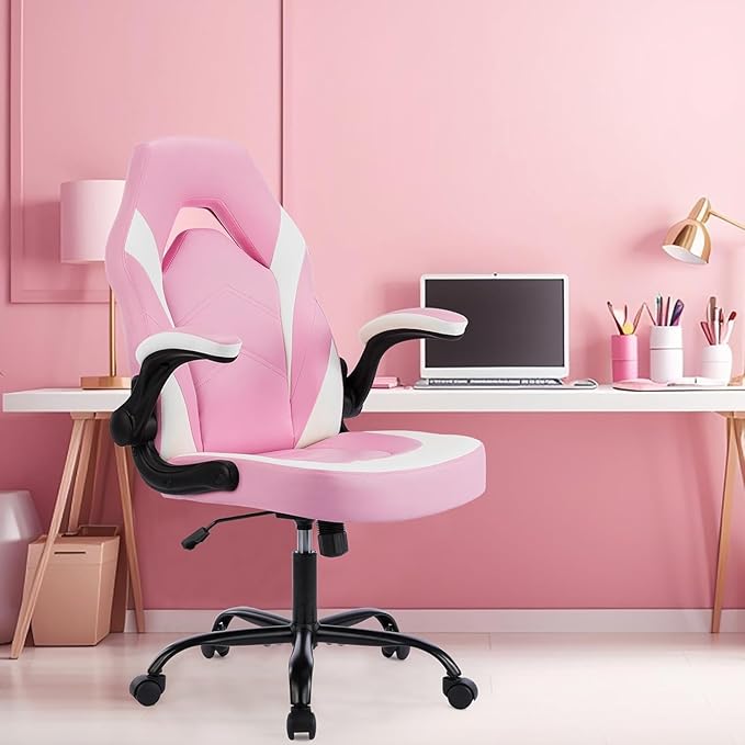 OLIXIS Computer Gaming Desk Chair - Big and Tall Ergonomic Lumbar Support with Flip-up Armrest and 360° Swivel Wheels PU Leather Height Adjustable for Home and Office Pink