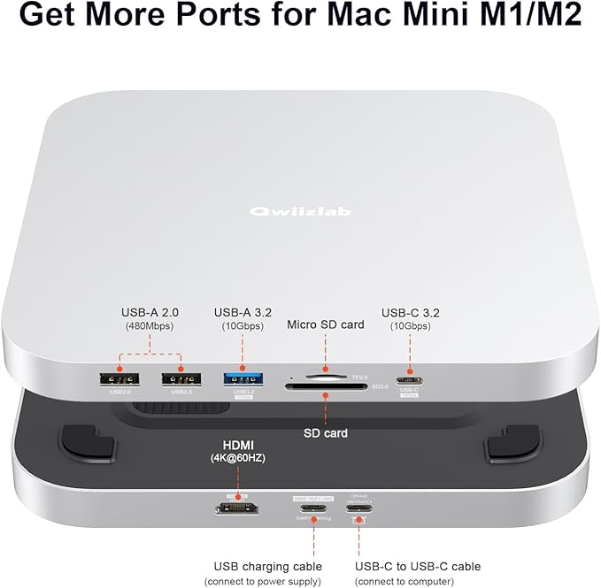 Qwiizlab Mac mini Hub with NVMe Enclosure Docking Stastion for Mac mini M2/M1 Mac Studio M4/M/3/M2/M1Type-C 10Gbps Card Readers 104MB/s HDMI 4K Fits M.2 SATA PCIe NVMe SSD (Silver)