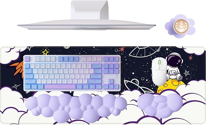 ATTACK SHARK 4 in1 Cloud Mouse PadKeyboard Wrist RestMouse Wrist Rest Supportand Leather Coaster Set with Office Desk MatNon-Slip PU Desk Pad Memory Foam Ergonomic Pain Relief for Office and Home