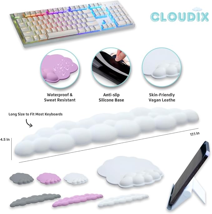 CLOUDIX - Cloud Keyboard Wrist Rest. Set Mouse Pad Phone Holder Tablet Holder Ergonomic Cloud Wrist Pad with Memory Foam Non-Slip Base for Typing Pain Relief Home Office Laptop Gaming (Pink)