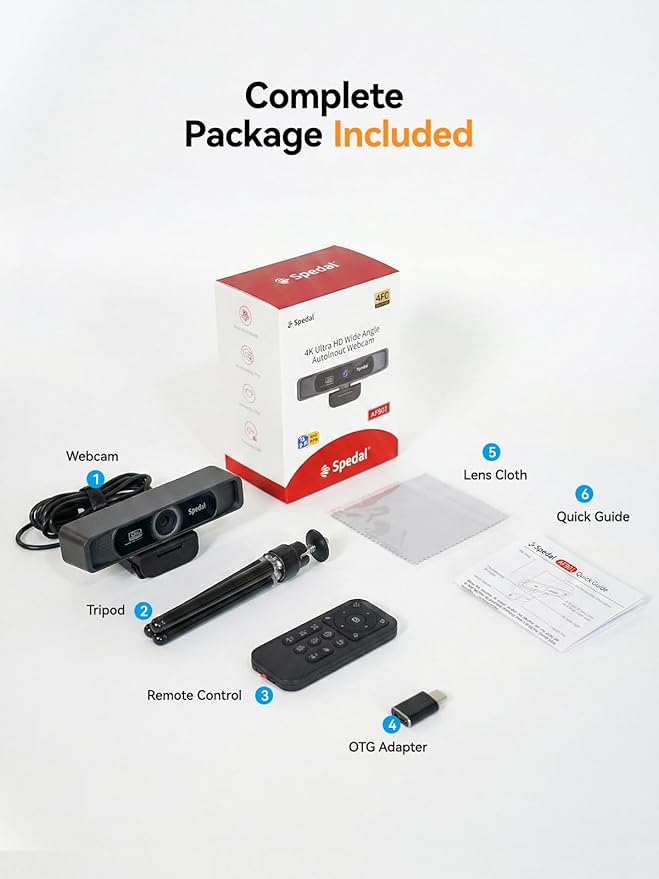 Spedal 4K Webcam with Tripod Wide Angle 120° USB Webcam Sony 1/2.8 Sensor Dual Microphones Remote Control Auto Focus for Video Conferencing Online Meetings Streaming Zoom &amp Teams
