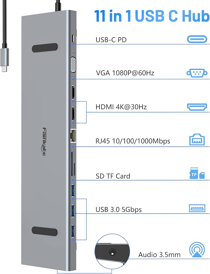 USB C Docking Station Dual Monitor 11 in 1 Laptop Docking Station USB C Hub Dual HDMI Multiport Adapter with Gigabit Ethernet 2 HDMI 100W PD VAG 3.0 USBSD/FT Audio for Dell Laptap/HP/Lenovoetc