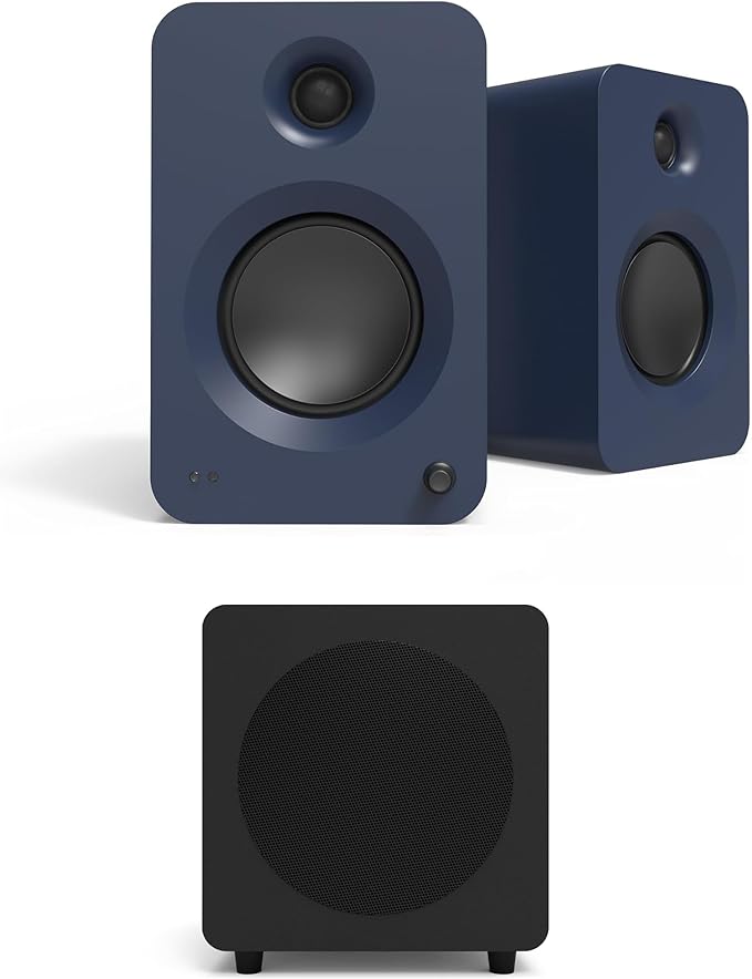 Kanto REN Blue Bluetooth Powered Bookshelf Speakers - Matte Blue Pair with a SUB8VMB Sealed Powered 8 Subwoofer - Vinyl Black (2024)