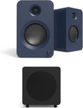 Kanto REN Blue Bluetooth Powered Bookshelf Speakers - Matte Blue Pair with a SUB8VMB Sealed Powered 8 Subwoofer - Vinyl Black (2024)