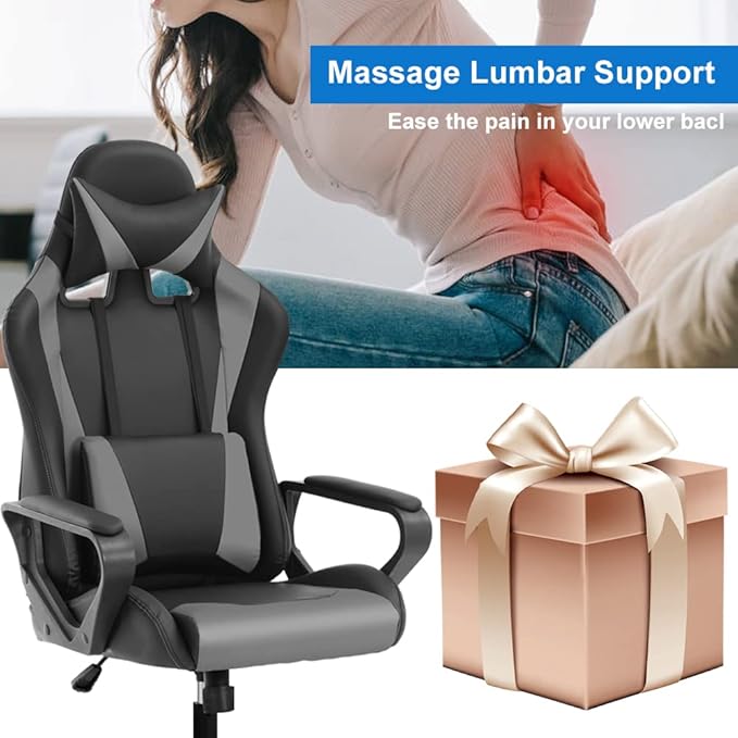 High Back Gaming Chair PC Computer Chair Office Chair for Adult Teen Kids Ergonomic PU Leather Game Chair w/Lumbar Support Headrest Adjustable Rolling Swivel Desk Chair Grey