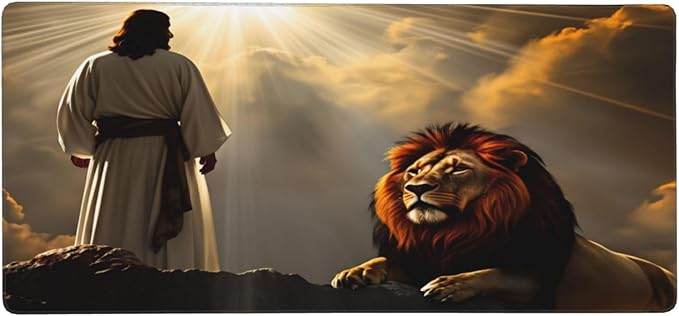 XXL Gaming Mouse Pad Extended (35.5X16) Lion Christianity Large Non-Slip Desk Mat Water-Resistant Keyboard Mousepad for Office &amp Home