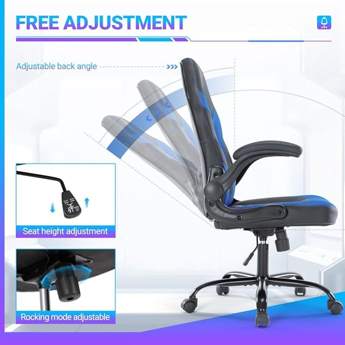 Heavy Duty Gaming Chair Ergonomic Gamer for Home Office with Lumbar Support Adjustable Backrest Flip-Up Armrest and Stable 360° Swivel Wheels for Adults Professional Gamers and Teens Black-Blue