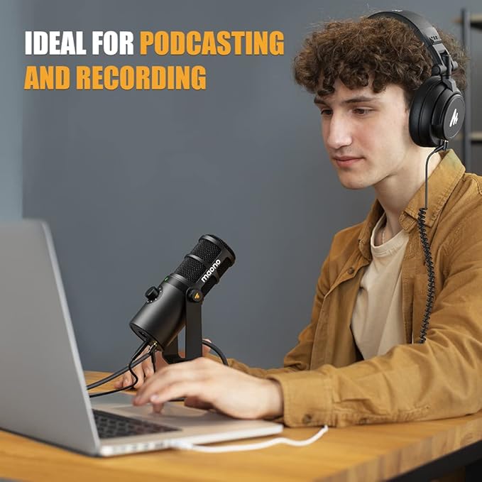MAONO PD400X Podcast Dynamic Microphone with AU-MH601 Studio Monitor Headphones Bundle for Podcast Studio Streaming Recording Vocal