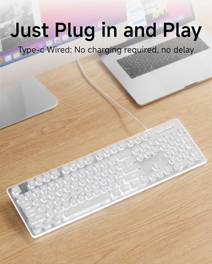EWEADN GX710S Backlit Computer Keyboards Wired USB Keyboard with White Backlit Metal Panel Plug and Play Pudding Keycaps Full Size Quite Computer Keyboard for Win/PC/Laptop-White