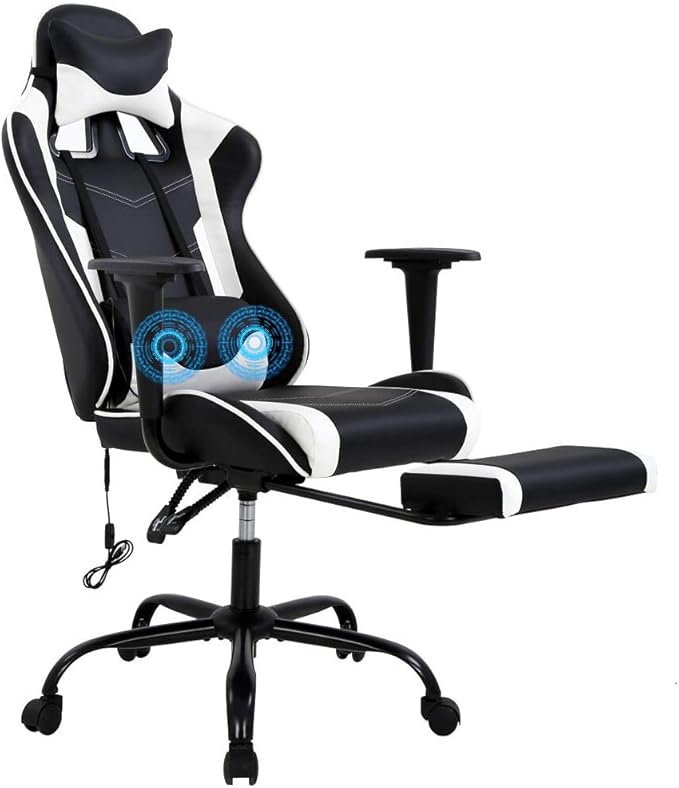 PC Gaming Chair High Back Executive Office Chair Pu Leather Computer Chair Racing Lumbar Support Slide-Out Footrest Adjustable Swivel Video Game ChairWhite…