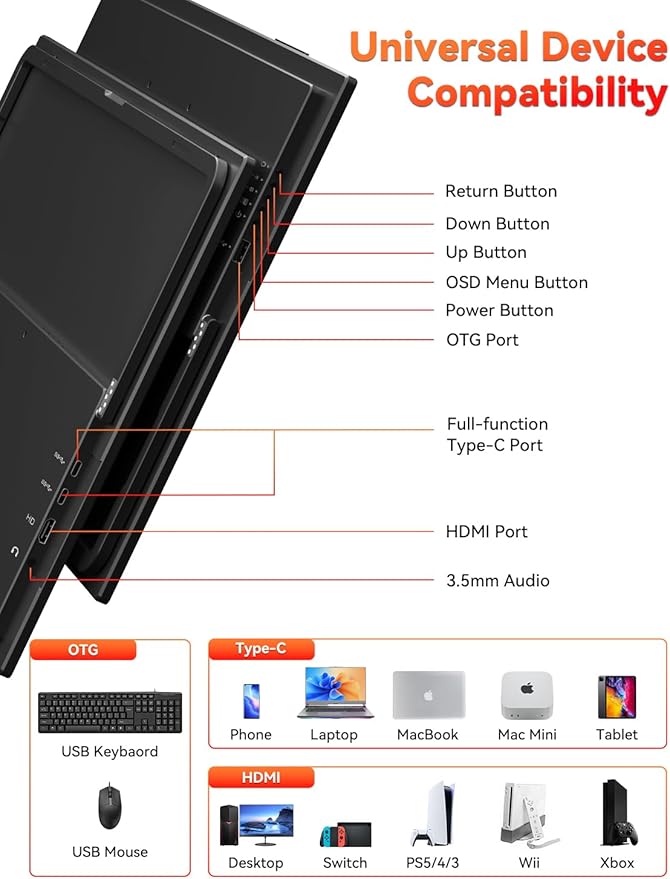 HotYeah Portable Monitor 18.5 1080P 100Hz 125% sRGB Laptop Monitor USB-C HDMI External Computer Display HDR FreeSync w/Kickstand &amp Speaker 2nd Screen for Laptop PC Mac Phone Tablet Switch PS5 X