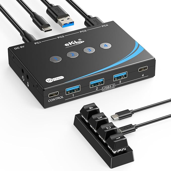 eKL USB 3.2 Switch for 4 Computers 2 USB-C+2 USB-A 10Gbps Inputs Share 1 USB-C+3 USB-A Peripherals Like Mouse Keyboard Printer Scanner with 3.5mm Mic Headphone Jack Includes 4 Cables &amp Control