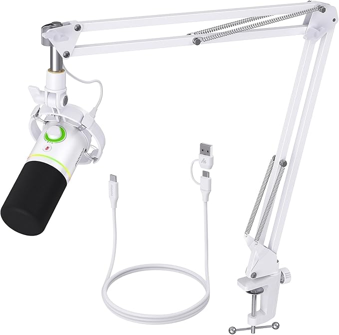 MAONO XLR/USB Dynamic Microphone Kit RGB Podcast Mic with Software Mute Gain Knob Volume Control Boom Arm for Streaming Gaming Voice-Over Recording-PD200XS White