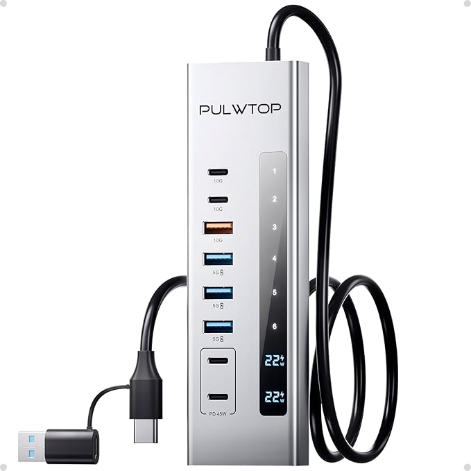 Powered USB C Hub PULWTOP 11-in-1 USB Hub with SD/TF 2*USB-C 10Gbps 4*USB-A 5/10Gbps and 2 * 24/45W Type-C PD Charging Ports (Not Support Video) USB Powered Hub (72W DC Adapter Included)