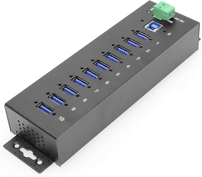 Coolgear 10 Port USB Hub - 5Gbps Speed Surge Protection DIN Rail Mounting Industrial Grade for Tech Labs Warehouses Automation Schools &amp More