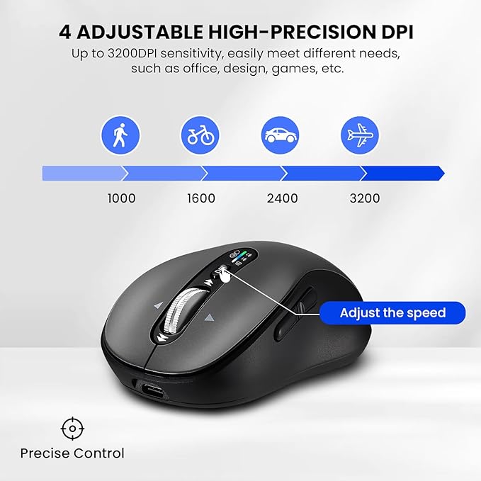 Wireless Bluetooth MouseMulti Device Ergo Computer MousesMetal 4-Way Super Scrolling± 3200 DPI10 ButtonsPlug&ampPlayQuietRechargeableUSB Cordless Mice for LaptopTabletMaciPadPCPhone (Gre