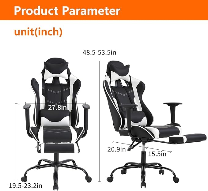 PC Gaming Chair with Footrest Ergonomic Home Office Chair with Lumbar Support &amp Headrest Pillow Height Adjustable Swivel Recliner Racing Computer Video Game Chairs White
