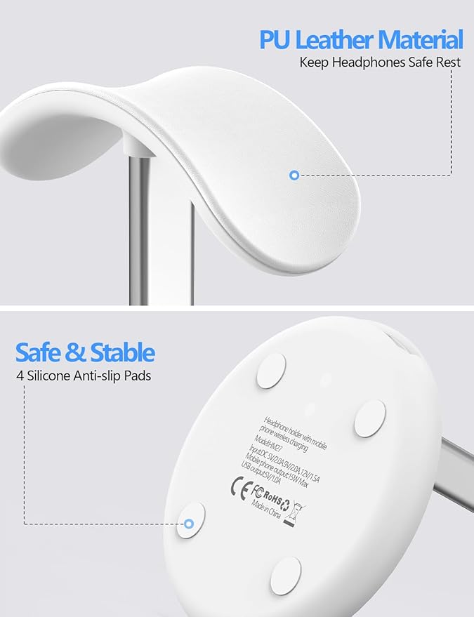 Miroddi Headphone Stand with Wireless Charger Independent USB Charging Port 5 in 1 Charging Station Headset Holder Rack for AirPods Max/Pro/4/3/2 iWatch iPhone Samsung and Desk Headphones White