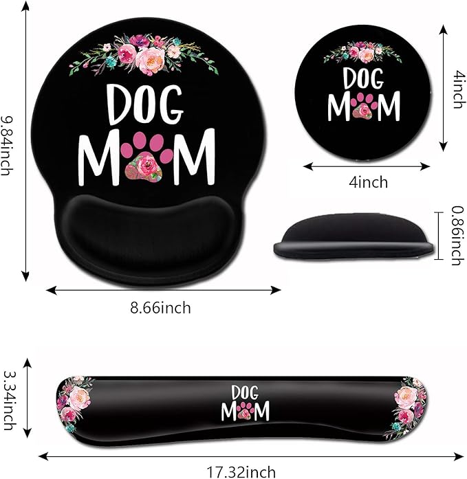 Mouse Pad with Gel Wrist Rest SupportErgonomic Soft Keyboard Wrist Rest to Relieve Wrist Fatigue Cute Dog Mom Floral and Black MousePads Desktop DecorationSuitable for Office Typing Games Mousepad