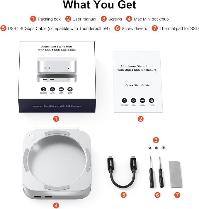 Qwiizlab 40Gbps Mac mini M4/M4 Pro Stand Hub with USB4 NVMe SSD Enclosure USB-C Host 3 USB-A 2.0 3.5mm Audio Supports M.2 PCIe up to 8TB Compatible with Thunderbolt 4/5