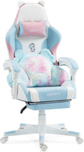 Cute Gaming Chair for Girl Ergonomic Cat Computer Chair with Armrests High Back Video Game Chairs with Footrest and Massage Lumbar Support for Teen &amp Woman Adjustable Height (Blue+Pink)
